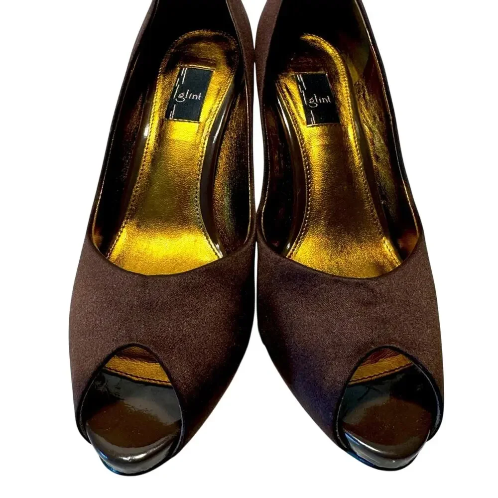 Chocolate Brown Satin Glint Designer Peep Toe Heel Womens 8.5 Leather Sole Party